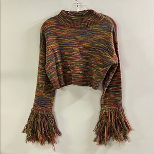 REHAB LAB Boho Hippie-Chic Multi Color Crop Fringe Long SLV Mock Turtleneck SZ S